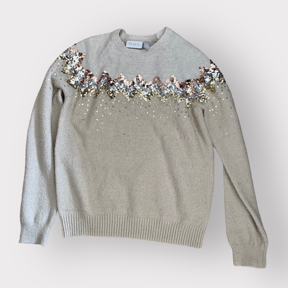 PLACE size small (XXL kids) crew neck sparkly fare isle beige sweater​​​​​​​​